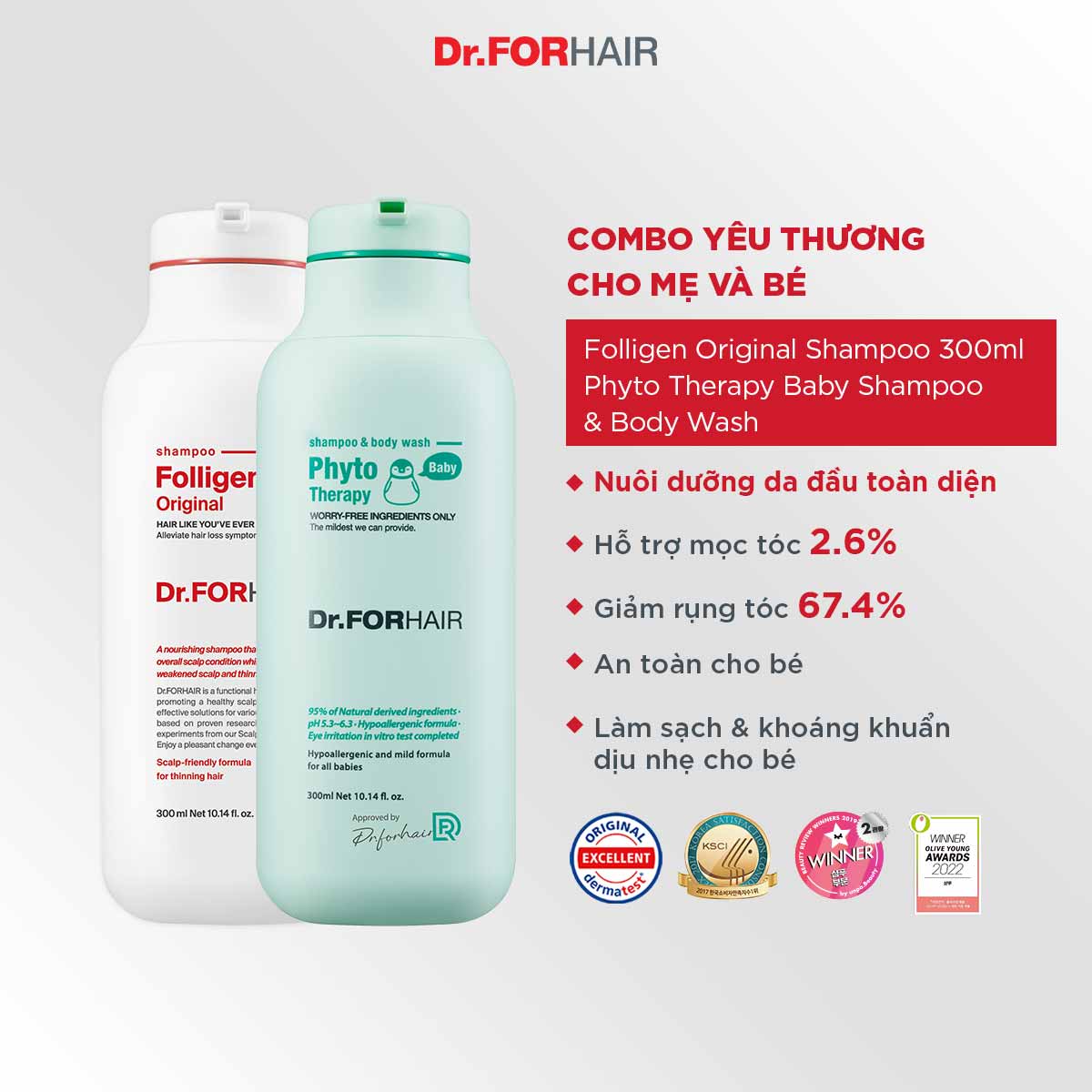 Bộ dầu gội cho mẹ và tắm gội cho bé Dr.FORHAIR FOLLIGEN ORIGINAL SHAMPOO x PHYTO THERAPY BABY SHAMPOO & BODY WASH