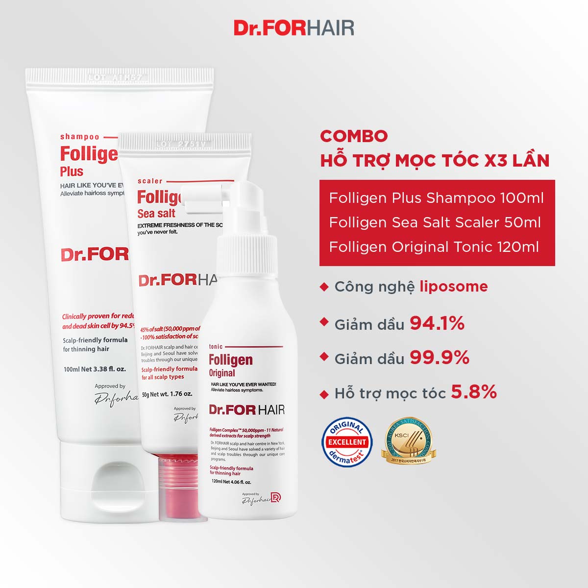 Bộ Mini chăm sóc tóc, giảm ngứa và mọc tóc Dr.FORHAIR FOLLIGEN PLUS, FOLLIGEN ORIGINAL TONIC và FOLLIGEN SEA SALT SCALER