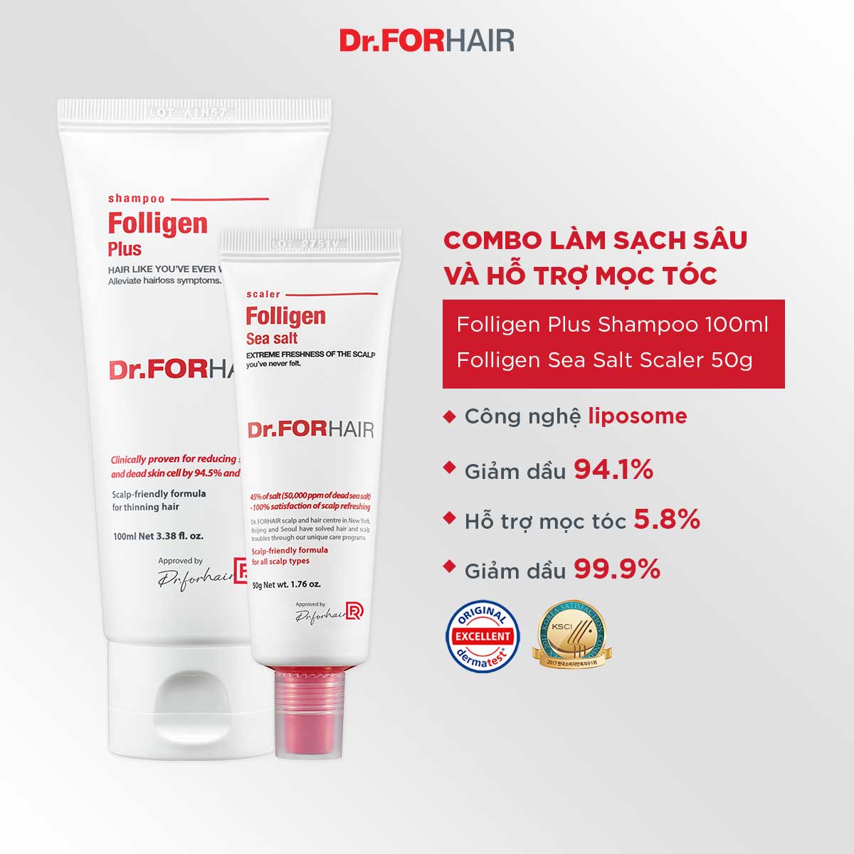 Bộ Mini giảm ngứa, sạch da đầu của Dr.FORHAIR FOLLIGEN PLUS và FOLLIGEN SEA SALT SCALER